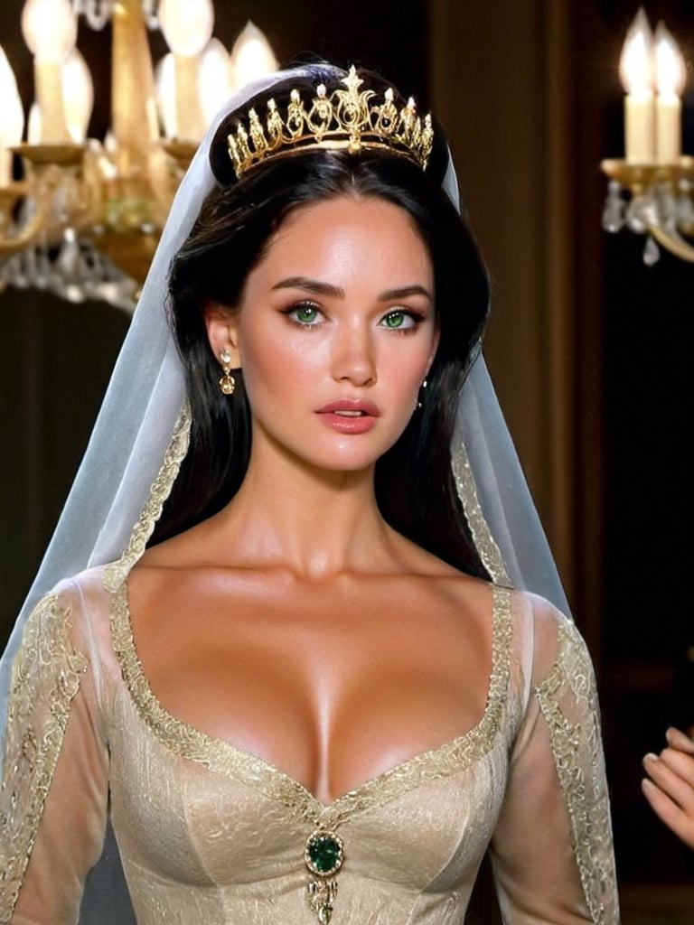 Prompt: HD 4k , hyper realistic, professional modeling, LONG BLACK hair, beautiful in a ballroom at night with chandeliers, detailed, highly realistic woman, elegant, surreal lighting, wearing a fancy Regency era dress with long sleeves and long white gloves, gold jewelry and crown, green almond eyes, tan skin, 19th century princess, bridgerton inspired