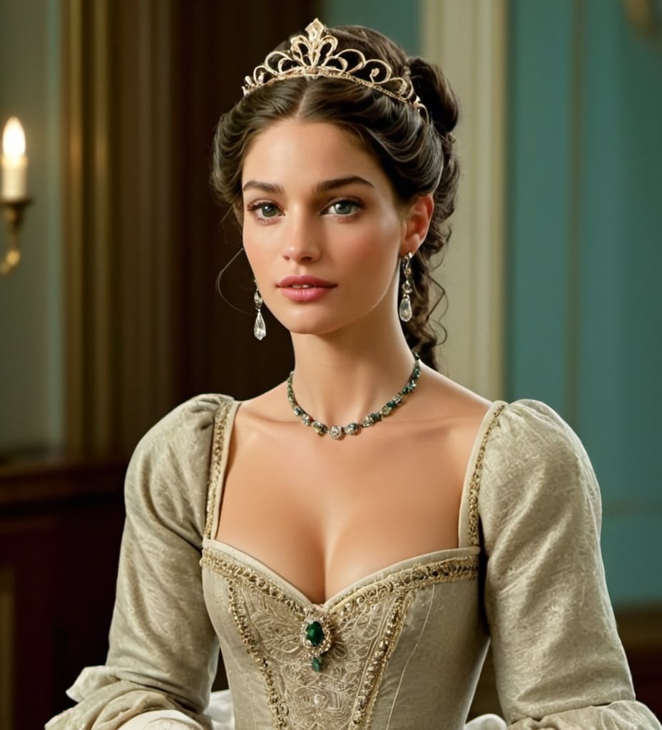 Prompt: HD 4k ,hyper realistic, professional modeling, LONG BLACK CURLY hair,  TAN SKIN beautiful in a ballroom at night with chandeliers, detailed, highly realistic woman, elegant, surreal lighting, wearing a fancy Regency era dress with long sleeves and long white gloves, gold jewelry and crown, green almond eyes, 19th century princess, bridgerton inspired