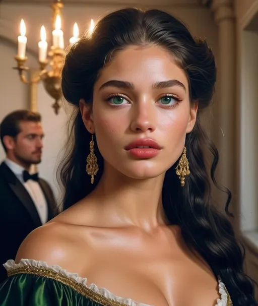 Prompt: HD 4k , hyper realistic, professional modeling, long curly black hair, beautiful,  in an european castle with people dancing behind her, detailed, highly realistic woman, elegant, surreal lighting, majestic, wearing a fancy Regency era dress with gold jewelry, green almond eyes, early 19th century princess, bridgerton series