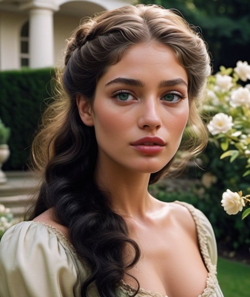 Prompt: HD 4k , hyper realistic, professional modeling, long curly black hair, beautiful,  in an european garden with flowers, detailed, highly realistic woman, elegant, surreal lighting, majestic, wearing regency era dress, green almond eyes, 19th century princess, bridgerton series