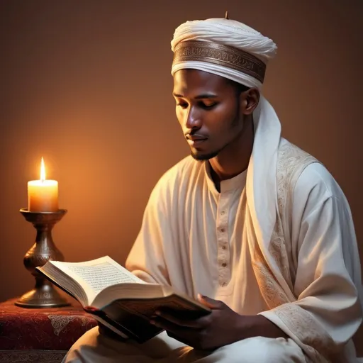 Prompt: Somali men reading the holy Quran, traditional clothing, peaceful expression, warm lighting, detailed facial features, high quality, realistic, traditional art style, warm tones, serene atmosphere