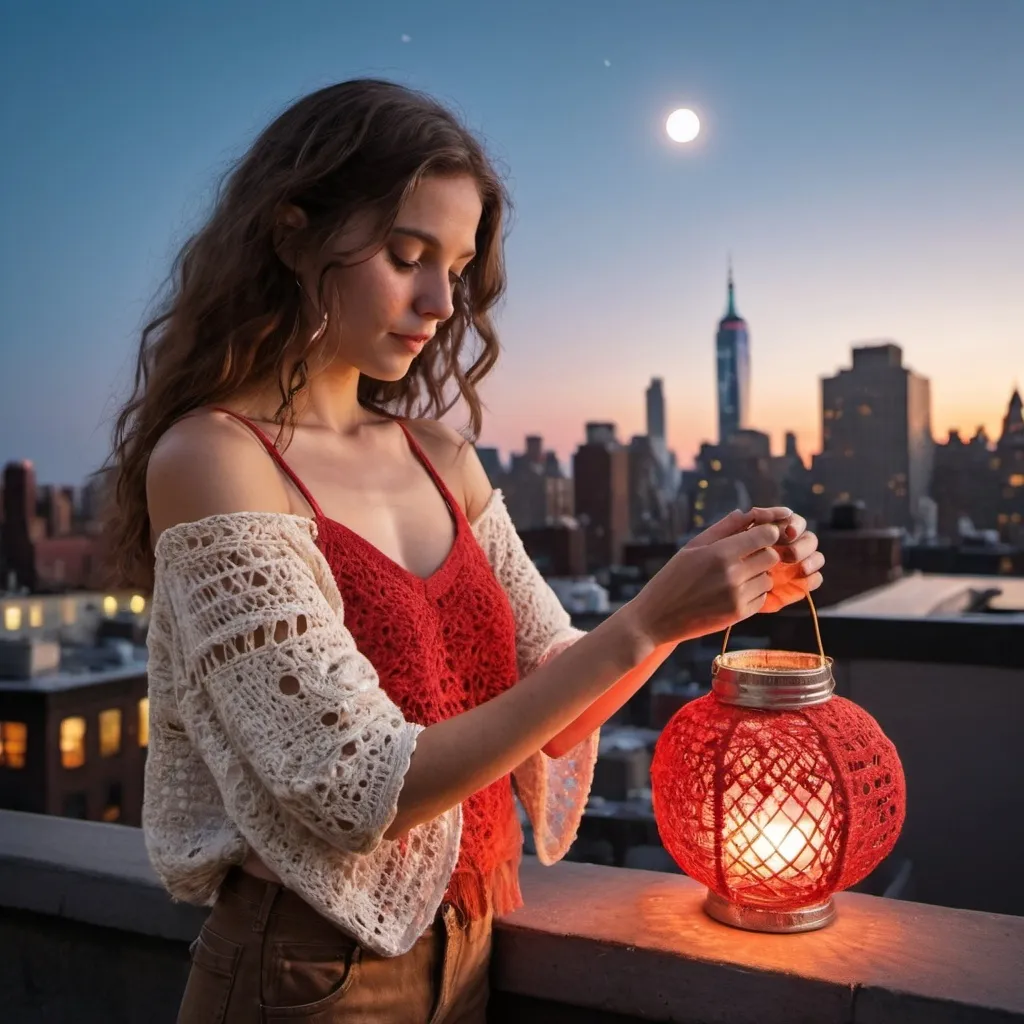 Prompt: boho female woman waivy bobcut with Crocheted patchwork red rainbow sweare  poetic upcycled ,  summer night on a New York City rooftop, fountain . hold a papier-mâché full moon  lantern 