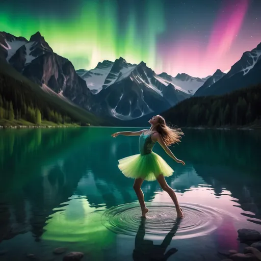 Prompt: A girl dancing in the water of a lake surrounded by mountains and her moves is creating Aurora 