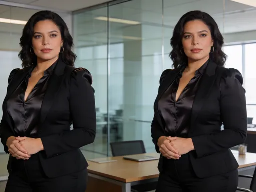 Prompt: ultra realistic portrait of a curvy woman, professional business outfit, black blazer, elegant style, studio lighting, soft natural light, high detail skin texture, sharp focus, realistic face, cinematic photography, 8k quality, symmetrical face, confident pose, modern office background