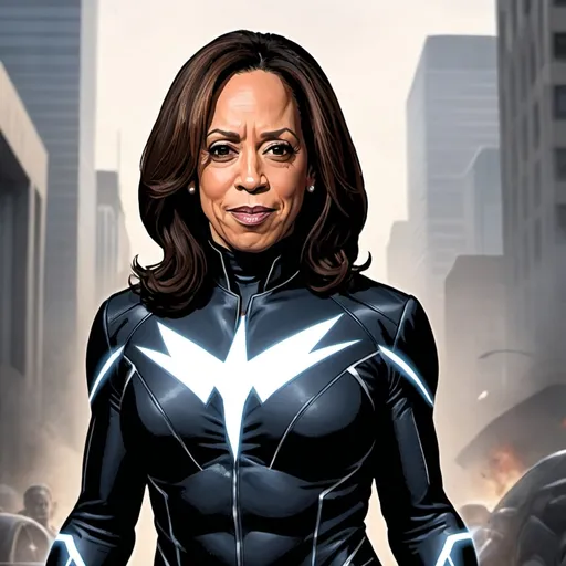 Prompt: kamala harris as marvel inhuman superhero black bolt