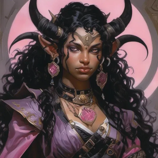 Prompt: young adult female tiefling, bard, light purple skin, wavy black hair, two black curled horns, pretty, glowing pink irises with black sclera, stunning digital painting trending on artstation in <mymodel> artstyle by Donato Giancola and Terese Nielsen