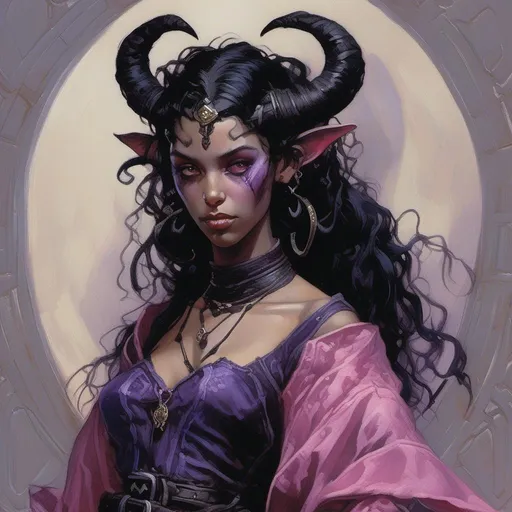 Prompt: full body portrait of a young adult female tiefling with all purple skin, wavy black hair, two black curled horns, pretty, soft features, glowing pink irises with black sclera, stunning digital painting trending on artstation in <mymodel> artstyle by Donato Giancola and Terese Nielsen