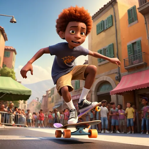 Prompt: Young black kid skateboarder performing at a competition, dynamic action shot, urban street setting, realistic 3D rendering, skateboard tricks mid-air, vibrant and energetic atmosphere, high quality, realistic, urban, dynamic action, 3D rendering, skateboarding, vibrant colors, energetic atmosphere, urban street, skateboard tricks