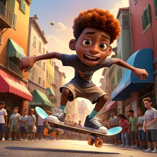 Prompt: Young black kid skateboarder performing at a competition, dynamic action shot, urban street setting, realistic 3D rendering, skateboard tricks mid-air, vibrant and energetic atmosphere, high quality, realistic, urban, dynamic action, 3D rendering, skateboarding, vibrant colors, energetic atmosphere, urban street, skateboard tricks