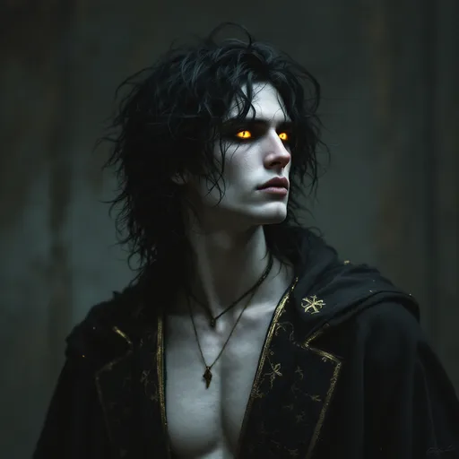 Prompt: Forgotten Greek God of Unspoken Devotion and Unseen Affection. A tall, broad-shouldered stately figure of a male figure standing in forgotten splendor. His obsidian black hair spills down to his shoulders in a wild cascade, while his pale skin glows softly, almost ethereal. His eyes burn intense shades of gold and violet, holding an uncanny intensity. He's clothed in dusky garments that shimmer faintly, bearing intricate golden patterns, lending an air of elegance. A thin bronze pendant hangs from his neck, its surface worn and cracked. His hands clutch at the edge of an altar, a gesture both desperate and fearful.
Forgotten god of quiet devotion. His hair is a cascade of deep obsidian black, falling in restless waves to his shoulders—too long, like it’s grown wild in the centuries he’s been lost. The edges shimmer faintly, as though the light itself can’t decide whether to touch him or pass through him.
His skin is pale—almost too pale—as if he’s been starved of sunlight for eons. There’s a softness to his features—a sharp, otherworldly beauty—but his eyes… Gods, his eyes. They burn like smoke over embers—a molten mix of gold and deep violet, too intense, too raw. They fix on her with a kind of hunger—not for power or worship, but for her.
He’s draped in garments that shimmer faintly at the edges—an echo of something ancient. Dark robes, loose but elegant, with golden threads sewn into intricate patterns—symbols she doesn’t recognize but can feel. Around his neck hangs a thin, cracked bronze pendant—the only relic of the worship that once sustained him. His robes are frayed and faded but shimmer with remnants of his lost divinity. When enraged, his form becomes a shifting blur—half-formed and terrifying, as if his godhood is crumbling around him.
His hands—large, elegant, trembling—clutch at the edge of her altar like he’s afraid he’ll vanish if he lets go.