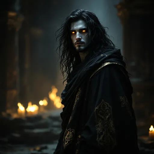 Prompt: Forgotten Greek God of Unspoken Devotion and Unseen Affection. A tall, broad-shouldered stately figure of a male figure standing in forgotten splendor. His obsidian black hair spills down to his shoulders in a wild cascade, while his pale skin glows softly, almost ethereal. His eyes burn intense shades of gold and violet, holding an uncanny intensity. He's clothed in dusky garments that shimmer faintly, bearing intricate golden patterns, lending an air of elegance. A thin bronze pendant hangs from his neck, its surface worn and cracked. His hands clutch at the edge of an altar, a gesture both desperate and fearful.
Forgotten god of quiet devotion. His hair is a cascade of deep obsidian black, falling in restless waves to his shoulders—too long, like it’s grown wild in the centuries he’s been lost. The edges shimmer faintly, as though the light itself can’t decide whether to touch him or pass through him.
His skin is pale—almost too pale—as if he’s been starved of sunlight for eons. There’s a softness to his features—a sharp, otherworldly beauty—but his eyes… Gods, his eyes. They burn like smoke over embers—a molten mix of gold and deep violet, too intense, too raw. They fix on her with a kind of hunger—not for power or worship, but for her.
He’s draped in garments that shimmer faintly at the edges—an echo of something ancient. Dark robes, loose but elegant, with golden threads sewn into intricate patterns—symbols she doesn’t recognize but can feel. Around his neck hangs a thin, cracked bronze pendant—the only relic of the worship that once sustained him. His robes are frayed and faded but shimmer with remnants of his lost divinity. When enraged, his form becomes a shifting blur—half-formed and terrifying, as if his godhood is crumbling around him.
His hands—large, elegant, trembling—clutch at the edge of her altar like he’s afraid he’ll vanish if he lets go.
