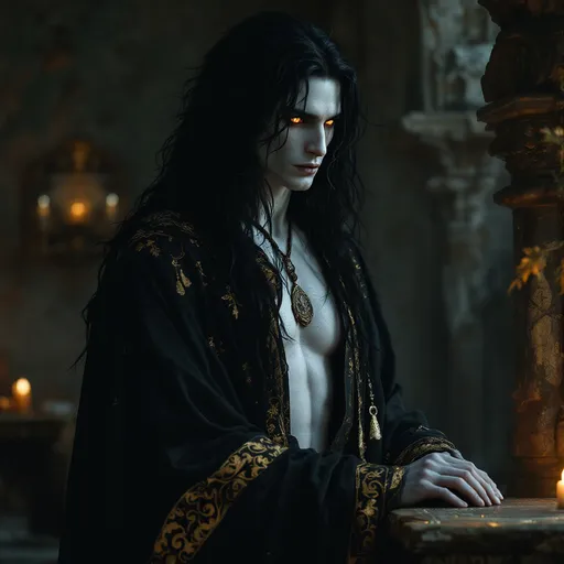 Prompt: Forgotten Greek God of Unspoken Devotion and Unseen Affection. A tall, broad-shouldered stately figure of a male figure standing in forgotten splendor. His obsidian black hair spills down to his shoulders in a wild cascade, while his pale skin glows softly, almost ethereal. His eyes burn intense shades of gold and violet, holding an uncanny intensity. He's clothed in dusky garments that shimmer faintly, bearing intricate golden patterns, lending an air of elegance. A thin bronze pendant hangs from his neck, its surface worn and cracked. His hands clutch at the edge of an altar, a gesture both desperate and fearful.
Forgotten god of quiet devotion. His hair is a cascade of deep obsidian black, falling in restless waves to his shoulders—too long, like it’s grown wild in the centuries he’s been lost. The edges shimmer faintly, as though the light itself can’t decide whether to touch him or pass through him.
His skin is pale—almost too pale—as if he’s been starved of sunlight for eons. There’s a softness to his features—a sharp, otherworldly beauty—but his eyes… Gods, his eyes. They burn like smoke over embers—a molten mix of gold and deep violet, too intense, too raw. They fix on her with a kind of hunger—not for power or worship, but for her.
He’s draped in garments that shimmer faintly at the edges—an echo of something ancient. Dark robes, loose but elegant, with golden threads sewn into intricate patterns—symbols she doesn’t recognize but can feel. Around his neck hangs a thin, cracked bronze pendant—the only relic of the worship that once sustained him. His robes are frayed and faded but shimmer with remnants of his lost divinity. When enraged, his form becomes a shifting blur—half-formed and terrifying, as if his godhood is crumbling around him.
His hands—large, elegant, trembling—clutch at the edge of her altar like he’s afraid he’ll vanish if he lets go.