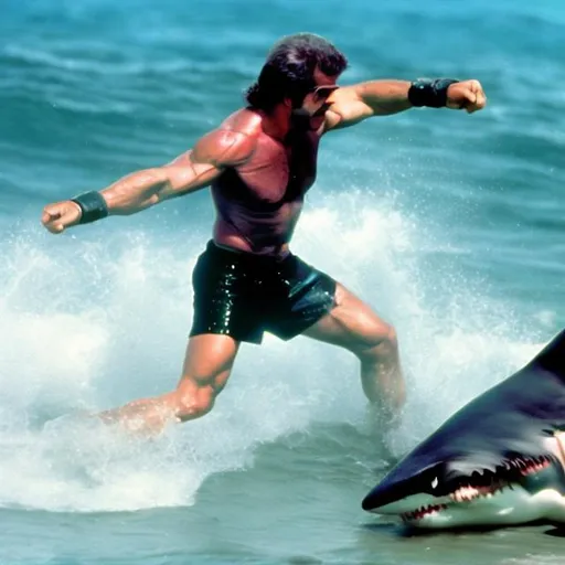 Prompt: Mel gibson fighting sharks in the 1980's