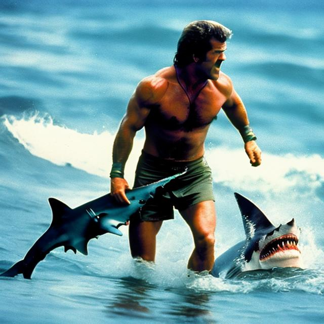 Prompt: Mel gibson fighting sharks in the 1980's