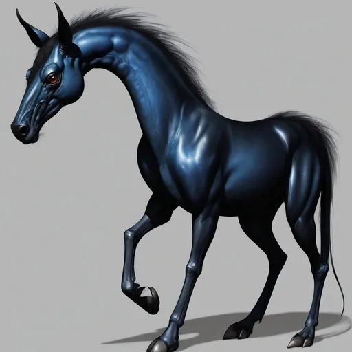 Prompt: The Equitatus is a sleek, quadrupedal creature with a long, powerful neck that is dotted with short, fine hairs. It has large eyes and a small mouth. Its coat is glossy and shiny, often black or a deep blue. The Equitatus has four powerful legs, each ending in a hooves that are well-suited for running.