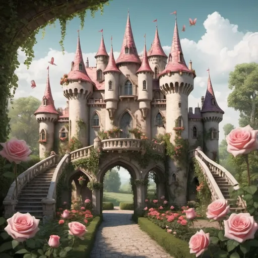 Prompt: a beautiful castel before a garden with roses and with flying little elves