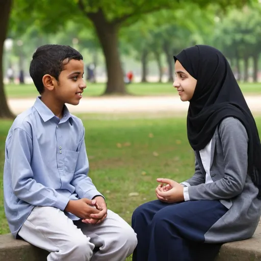 Prompt: A young Muslim boy and girl having a discussion in park
