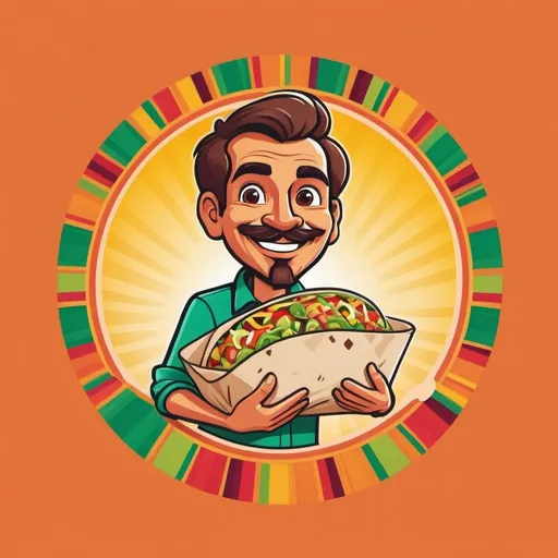 Prompt: Logo: A vibrant, eye-catching logo featuring a cheerful, cartoonish character holding a burrito, with colorful Mexican-inspired patterns.
Color Palette: Bright and appetizing colors like red, green, yellow, and orange.
Typography: Bold and fun fonts that are easy to read and reflect the casual nature of the brand.
Imagery: High-quality images of fresh ingredients, beautifully wrapped burritos, and happy customers enjoying their meals.