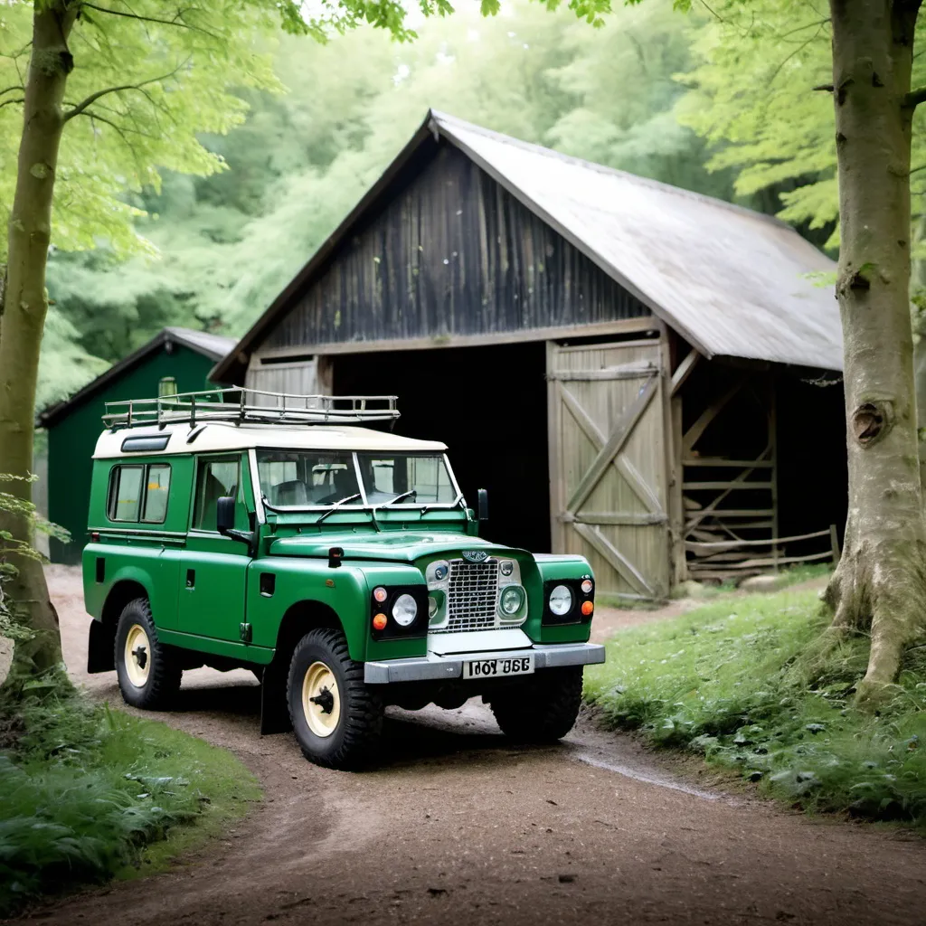 Prompt: A vintage green Landrover is parked by an old barn in the woods