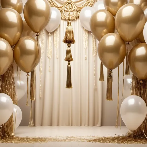 Prompt: (a background featuring golden tassel cream balloons), a luxurious and elegant ambiance, soft and muted color tones, adorned with shimmering accents, festive and celebratory mood, delicately layered textures, highly detailed and ornate styling, suitable for special occasions, (4K resolution), inviting and warm atmosphere.