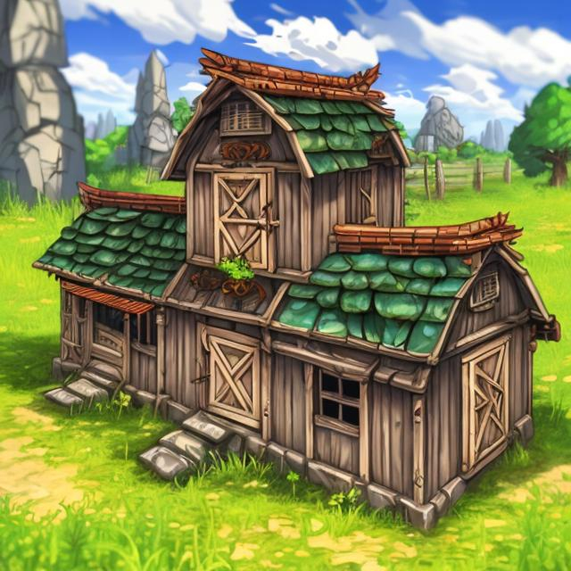 Prompt: fantasy style rpg farming farm chicken coop chicken pen chicken enclosure anime, cartoon, cel shaded, studio ghibli style, world of warcraft, final fantasy, dungeons and dragons