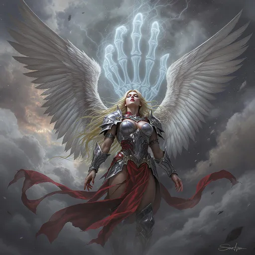 Prompt: A digital fantasy illustration of a powerful female angel warrior standing in a cloudy, dramatic sky. She has long, flowing blonde hair and large, feathered white wings. She is wearing ornate, silver and steel armor with intricate engravings and wing-like details on her shoulder plates, bracers, and knee guards. A flowing red sash wraps around her waist and trails behind her. Her eyes are closed, and her hands are extended forward gracefully, as if performing a peaceful ritual. Behind her, emerging from the clouds, is a massive ghostly skeletal hand, adding
