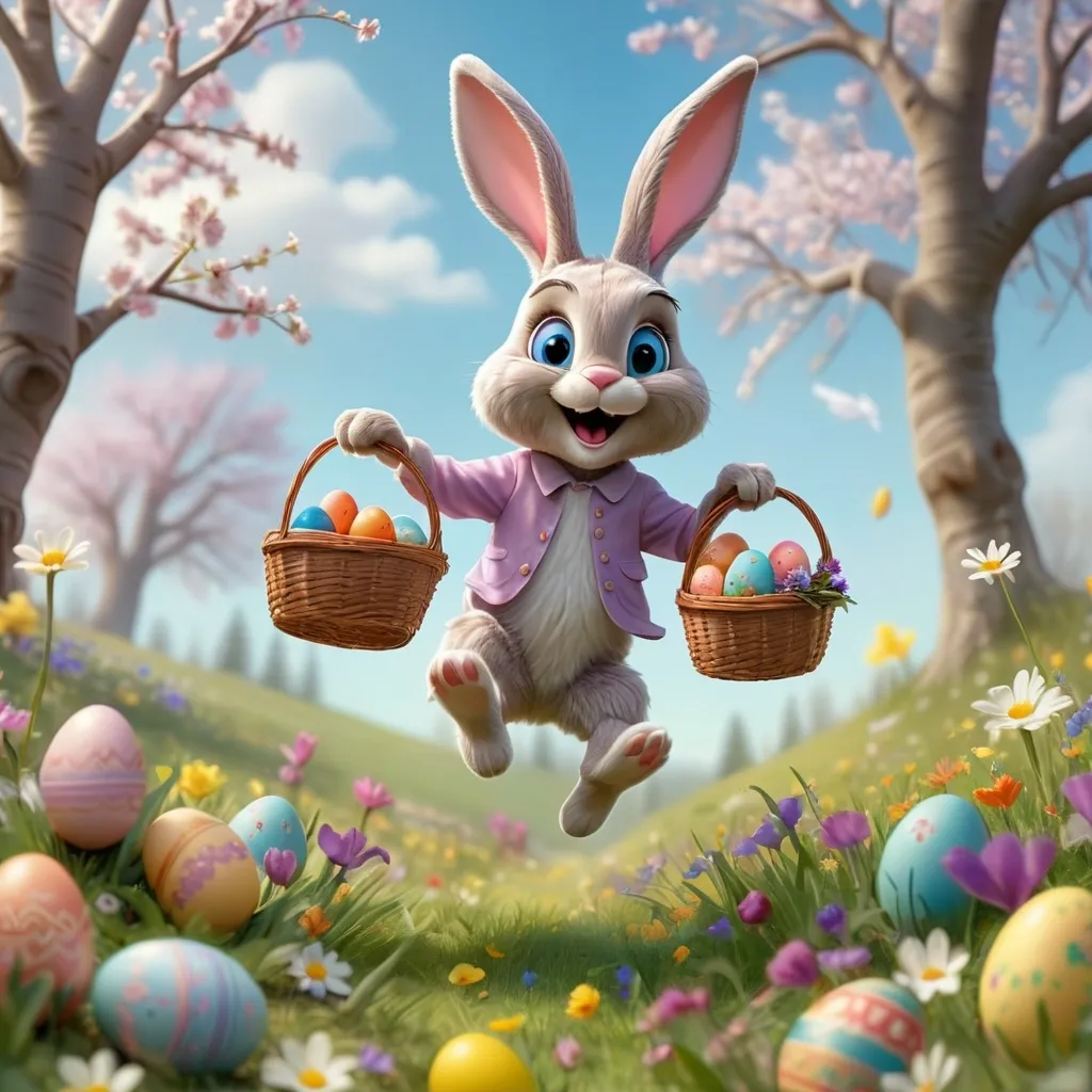 Prompt: the Easter bunny is jumping around the meadow with a basket, collecting colored eggs, spring is all around, trees and flowers are blooming, and many magical lines are drawn in the air