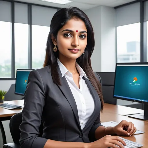 Prompt: Indian National lady virtual assistant in western formal clothes, modern office workstation, professional attire, high quality, digital painting, detailed features, serene expression, computer monitor, sleek design, contemporary office setting, calm and focused demeanor, vibrant colors, well-lit environment