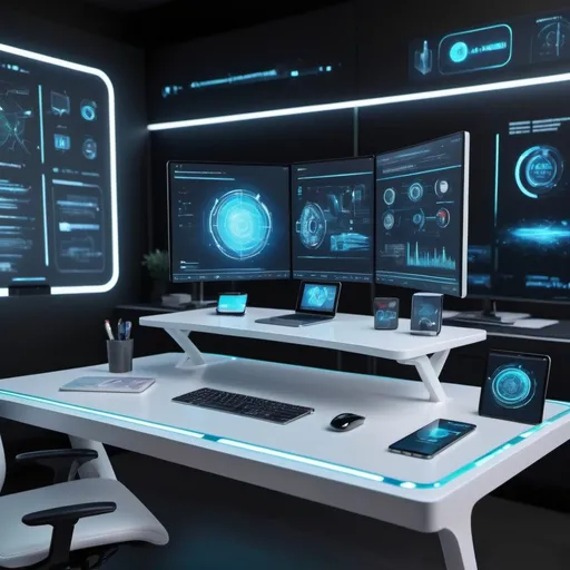 Prompt: Workstation with virtual assistant, futuristic holographic display, sleek and modern design, high-tech gadgets, professional setting, vibrant and engaging visuals, AI virtual assistant, 4k resolution, ultra-detailed, futuristic, modern, holographic, professional setting, sleek design, high-tech gadgets, vibrant visuals