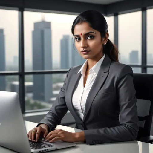 Prompt: Indian national lady in western formals at a modern workstation, 4k, ultra-detailed, realistic, professional, contemporary, Indian ethnicity, modern office setting, sophisticated attire, elegant pose, atmospheric lighting, computer display, cityscape outside the window, focused expression, sleek design, stylish, high-tech gadgets, ambient natural lighting