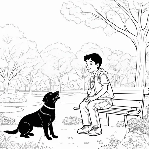 Prompt: (black and white coloring book) boy with his dog in the park, playful interaction, simple outline style, emphasis on line art, solid white background, whimsical, charming scene, tranquil atmosphere, suitable for coloring, easy to fill in, engaging for children, seamless design.