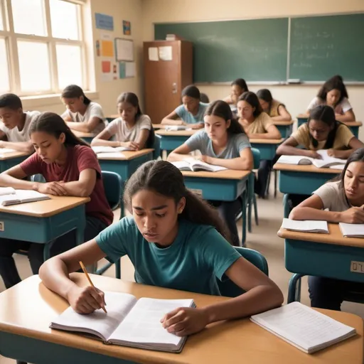 Prompt: Depict a classroom with diverse race students struggling in the heat. Fans are blowing and students are wiping sweat from their brows. Desks can be shown with textbooks and papers scattered around.