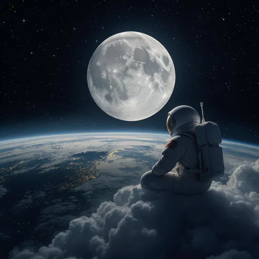 Prompt: Astronaut sitting on cloud looking at the world, moon rising behind
