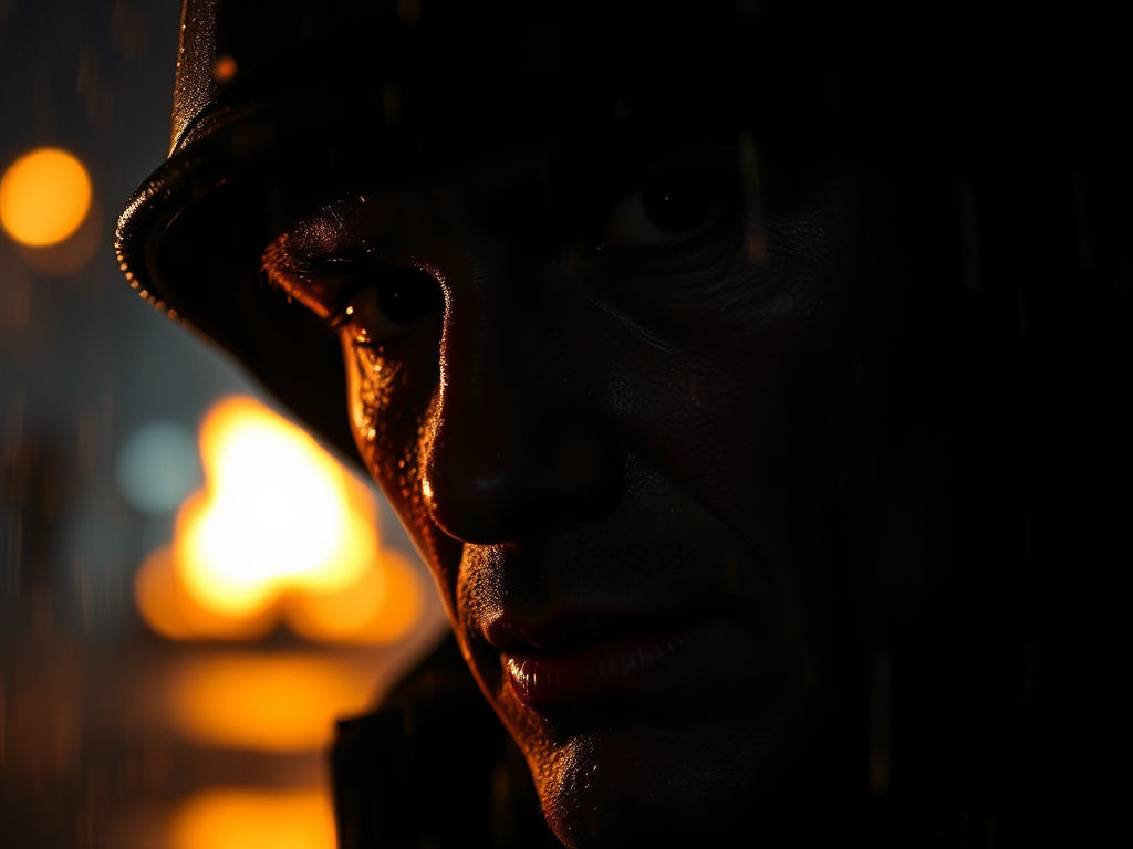 Prompt: night front view closeup of a world war 2 soldier face. side of the face covered by shadow. Rainy whether fire in the background
