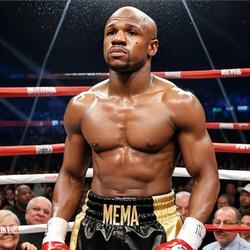 Prompt: create me a image of Floyd Mayweather in a boxing ring standing over his opponent with a mema smirk on his face and his opponent is knocked out and theres a big crowd with people taking pictures and momey raining down from the ceiling of the arena