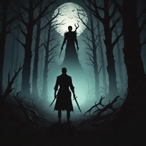 Prompt: a haunted forest , dark background, land of dead and a silhouette a of a man with a dagger in hand