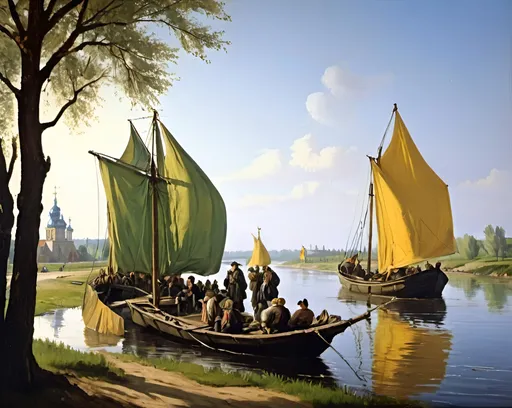 Prompt: Ukraine,  17th century time, river Dnipro near Kremenchuk town, right bank, May day, early morning, small river ships w/sails in view,, painted Frans Hals style