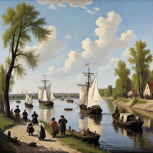 Prompt: river Dnipro near Kremenchuk, left bank, May day, afternoon, small river ships w/sails in view, 17th century time, painted Frans Hals style