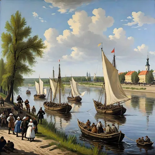 Prompt: river Dnipro near Kremenchuk, left bank, May day, afternoon, small river ships w/sails in view, 17th century time, painted Frans Hals style