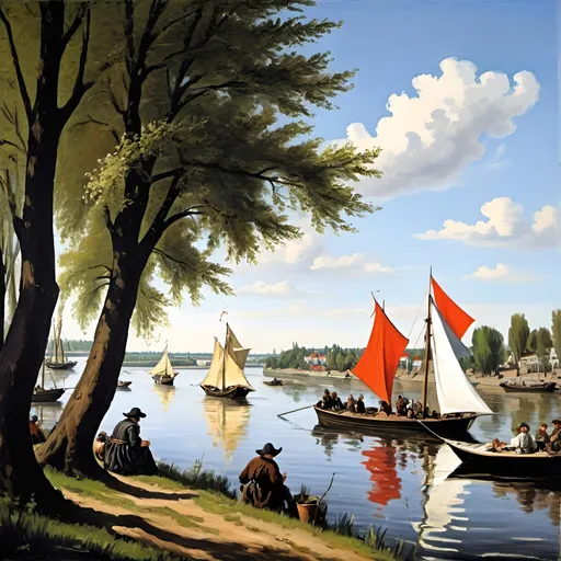 Prompt: river Dnipro near Kremenchuk, left bank, May day, afternoon, small river ships w/sails in view, 17th century time, painted Frans Hals style