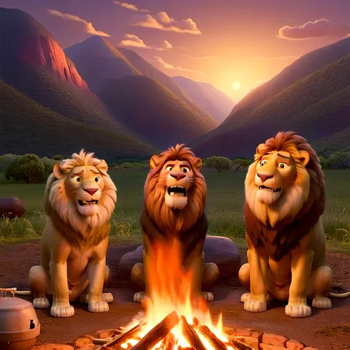 Prompt: Lions sit around campfire and laugh