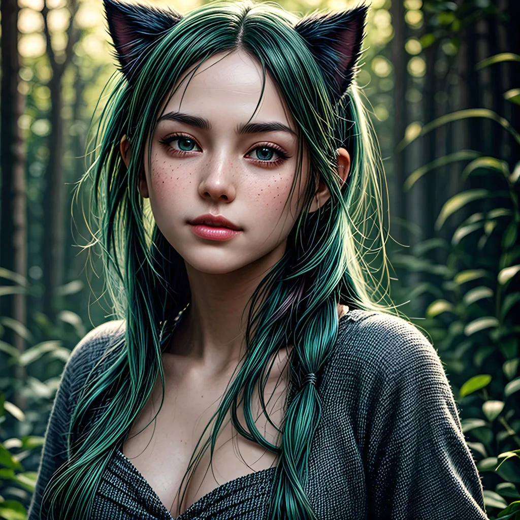 Prompt: POSITIVE: Capture a precise, professional-grade in the highest possible quality photography of a deep green haired magical young woman.  She has green hair styled in two exquisite pigtails, with red highlights, tied with kawaii hairpins. She have grey eyes. She has a few freckles on her nose, and large, bright eyes. She is in an idol pose, smiling to the camera. She have one eye closed winking at the camera.   cat ears,   heavenly beauty, 128k, 50mm, f/1. 4, high detail, sharp focus, perfect anatomy, highly detailed, detailed and high quality background, oil painting, digital painting, Trending on artstation, UHD, 128K, quality, Big Eyes, artgerm, highest quality stylized character concept masterpiece, award winning digital 3d, hyper-realistic, intricate, 128K, UHD, HDR, image of a gorgeous, beautiful, dirty, highly detailed face, hyper-realistic facial features, cinematic 3D volumetric, illustration by Marc Simonetti, Carne Griffiths, Conrad Roset, 3D anime girl, Full HD render + immense detail + dramatic lighting + well lit + fine | ultra - detailed realism, full body art, lighting, high - quality, engraved, ((photorealistic)), ((hyperrealistic)),  ((perfect eyes)), ((perfect skin)), ((perfect hair))  highly detailed, detailed and high quality background, oil painting, digital painting, Trending on artstation , UHD, 128K, quality, Big Eyes, artgerm, highest quality stylized character concept masterpiece, award winning digital 3d, hyper-realistic, intricate, 128K, UHD, HDR, image of a gorgeous, beautiful, dirty, highly detailed face, hyper-realistic facial features, cinematic 3D volumetric