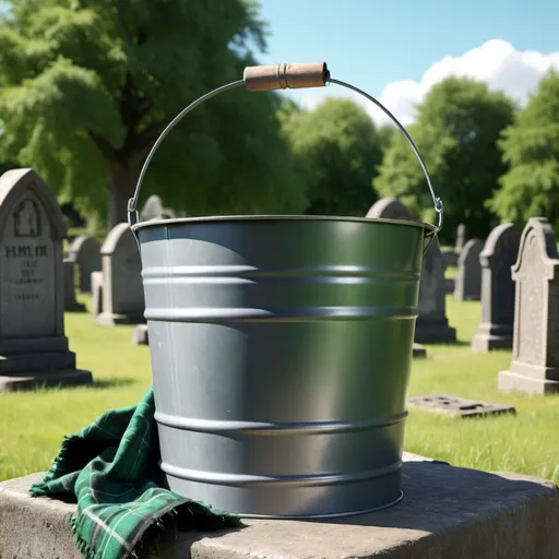 Prompt: photorealistic. one big grey old tin cleanbucket. a tartan green clean blanket hanging over de bucket.  'schoongraf' graved in the bucket. as background a graveyard on a sunny day. 