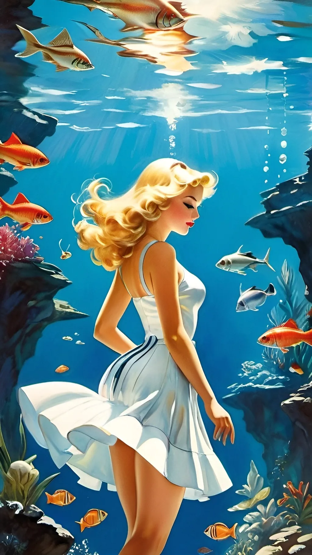 Prompt: Gil Elvgren, Frederick Smith, Walter Crane, Pawel Pawlak, Joanna Rusinek, Adam Kilian, Surrealism, wonder, strange, fantastical, fantasy, Sci-fi, Japanese anime, an aquarium just for Alice, a beautiful blonde miniskirt girl, diving, swimming, perfect voluminous body, picking up stars from the bottom, an basement in the sky, detailed masterpiece 