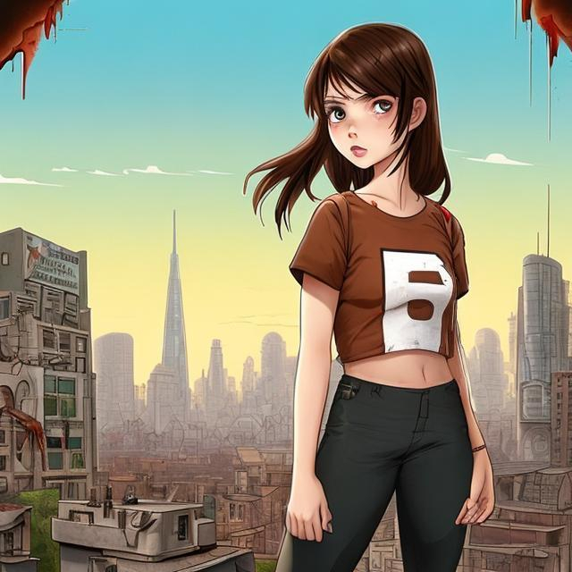Prompt: A girl with brown hair and bandages on her arms wearing a green t-shirt with blood stains, black leggings riddled with holes and tears, and black combat boots, a scared look on her face, front facing forward, survival movie-esque world, a grey abandoned cityscape with few trees and burned building in the background.