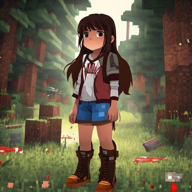 Prompt: A girl with long brown hair wearing a red worn-out hoodie, blue denim shorts, combat boots, a brown leather quiver full of arrows on her back, front facing the camera, a minecraft survival world-esque backdrop.