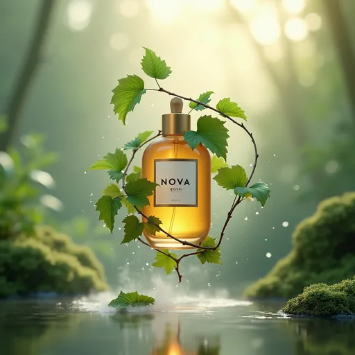 Prompt: "A hyper-realistic 3D render of a premium product (e.g. a skincare bottle / honey jar / perfume) floating mid-air, partially wrapped in twisting green vines and glossy leaves with dewdrops. The scene includes soft floating mist around the product. The label on the product reads 'NOVA' in sleek modern serif font, and includes minimal design elements like a thin border or botanical icon. The background is a dreamy natural setting — either forest, sky gradient, or mountain scene. Cinematic lighting, soft shadows, and glowing highlights. Surreal product photography with nature fusion."