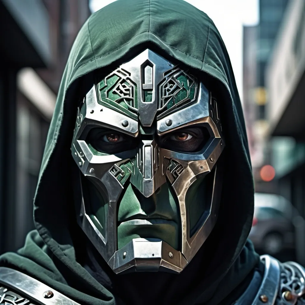 Prompt: (half face) Doctor Doom, elaborate metal mask, intricate design, mysterious demeanor, half-shadow effects, dramatic lighting, cool tone colors, dark metallic hues, background of a fragmented urban landscape, high detail, evocative with hints of chaos and power, cinematic feel, ultra-detailed, captivating emotion.