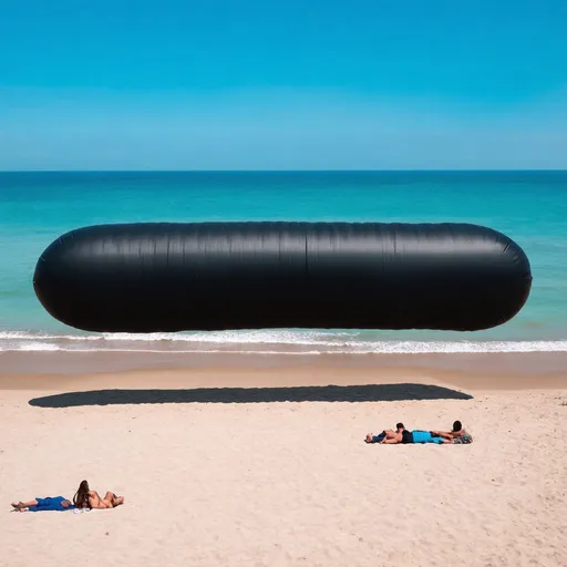 Prompt: Giant black inflatable in the shape of a rectangular tube flying over beach, people relaxing, beach scenery, clear blue sky, vibrant colors, high quality, realistic, detailed, sunny day, beach, aerial view, inflatable, tube, giant, flying, people, relaxing, vibrant, clear sky, realistic, sunny, detailed, high quality, beach scenery, coastal, leisurely, coastal vibes, looking up towards sky, shadow on ground