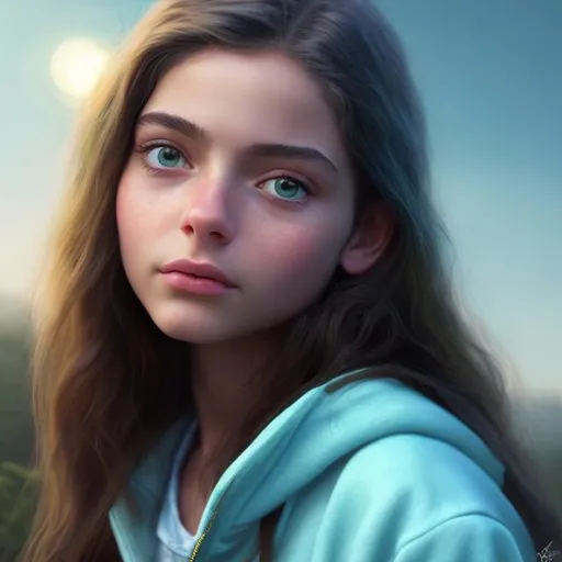 Prompt: Realistic digital painting of a contemplative teenage girl, long black hair, piercing green eyes, peaceful sunset scene, serene atmosphere, high quality, digital painting, realistic, sunset colors, peaceful, detailed hair, tranquil setting, serene gaze, professional, warm lighting, she’s wearing a light blue jacket with a with
 yellow undershirt.